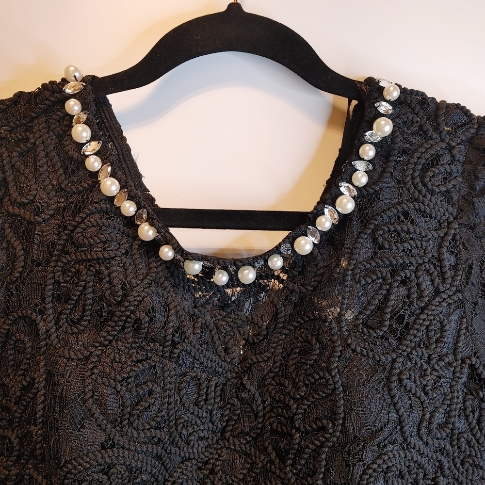 Black Lace Pearl Embellished Dress | Elegant LBD Cocktail Dress - Picture 7 of 8